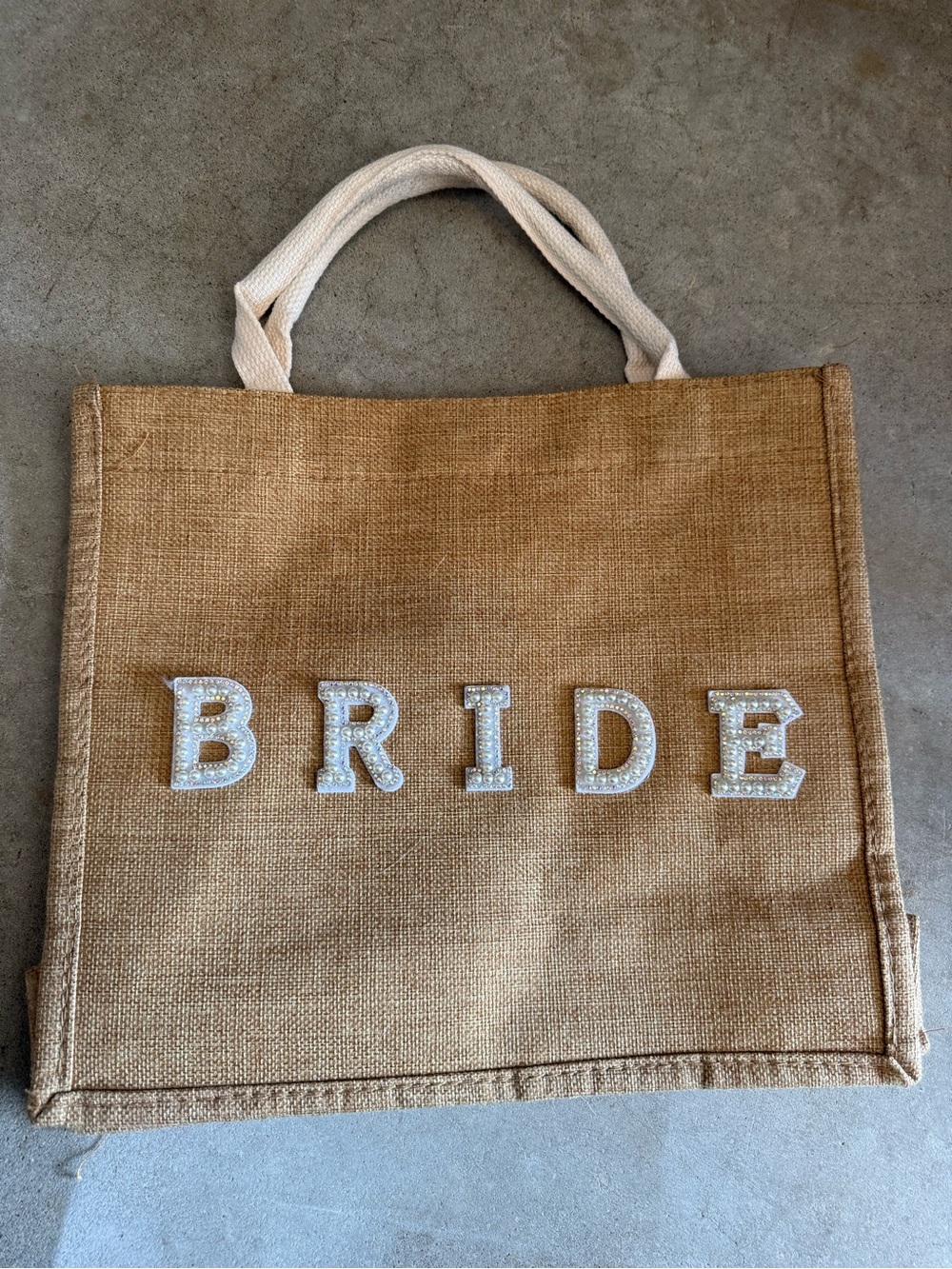 Bride Jute Tote Bag with Embellished Letters - Natural